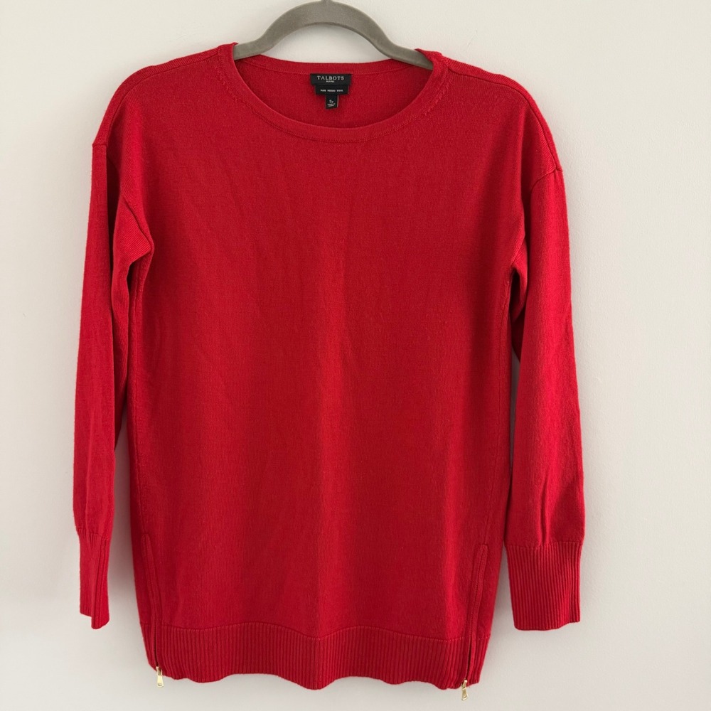 Talbots Petites Red 100% Merino Wool Crewneck Sweater Side Zippers SP Classic
